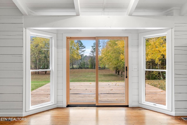 entryway featuring light hardwood / wood-style flooring, plenty of natural light, and wood walls