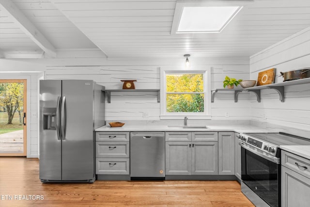 kitchen featuring light hardwood / wood-style floors, sink, a healthy amount of sunlight, and appliances with stainless steel finishes