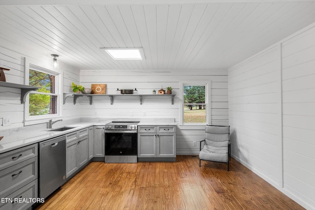 kitchen featuring plenty of natural light, sink, appliances with stainless steel finishes, and light hardwood / wood-style flooring