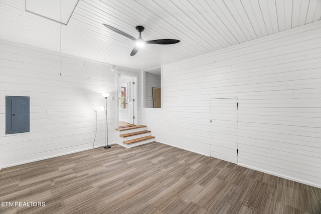 empty room with hardwood / wood-style floors, electric panel, ceiling fan, and wood walls