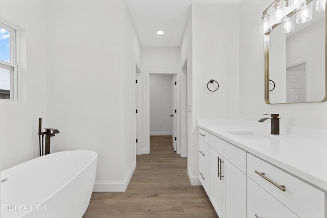 bathroom featuring a washtub, hardwood / wood-style floors, and vanity