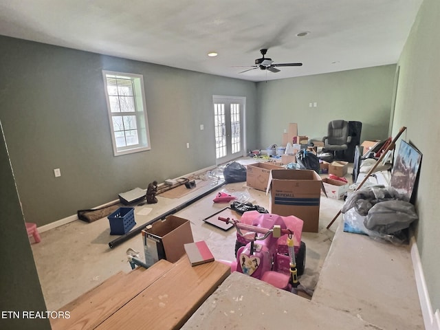 misc room featuring ceiling fan and french doors