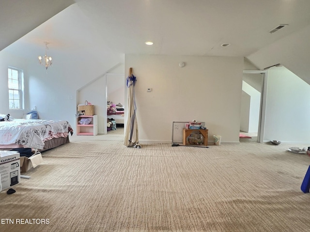 bedroom with carpet, a chandelier, and vaulted ceiling