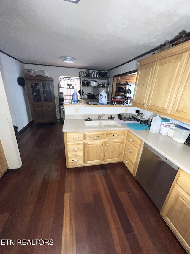 kitchen featuring dark hardwood / wood-style flooring, dishwasher, sink, and light brown cabinets