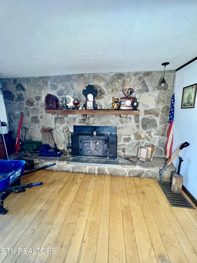 room details featuring a fireplace and hardwood / wood-style flooring