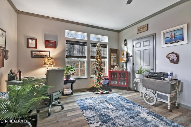 home office with wood-type flooring and crown molding