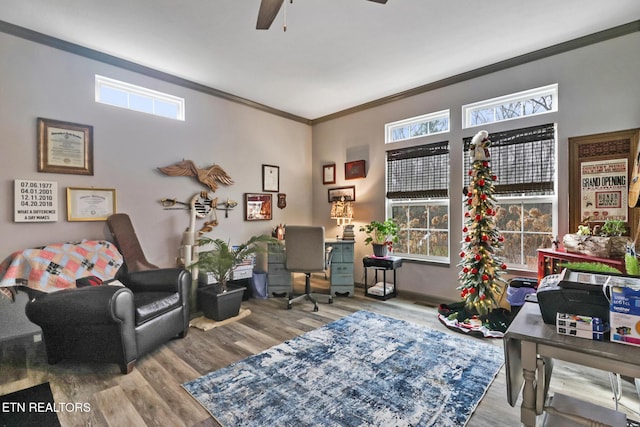 sitting room featuring ceiling fan, light hardwood / wood-style floors, and crown molding