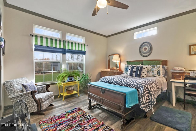 bedroom featuring hardwood / wood-style flooring, ceiling fan, and multiple windows