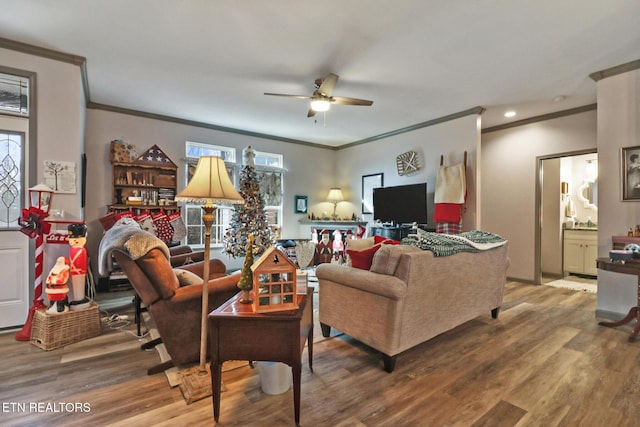 living room with ceiling fan, wood-type flooring, and ornamental molding