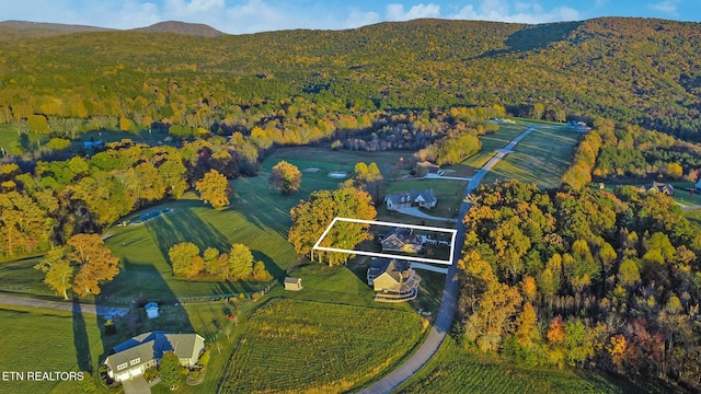 drone / aerial view featuring a mountain view and a rural view