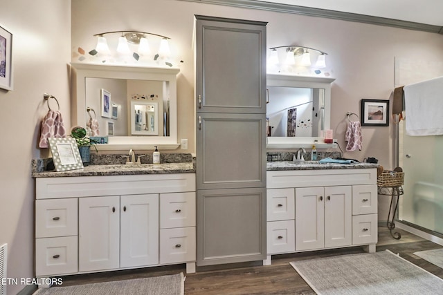 bathroom featuring crown molding, vanity, and hardwood / wood-style floors