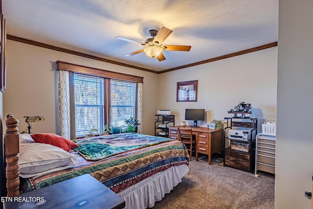 bedroom with a textured ceiling, carpet floors, ceiling fan, and crown molding