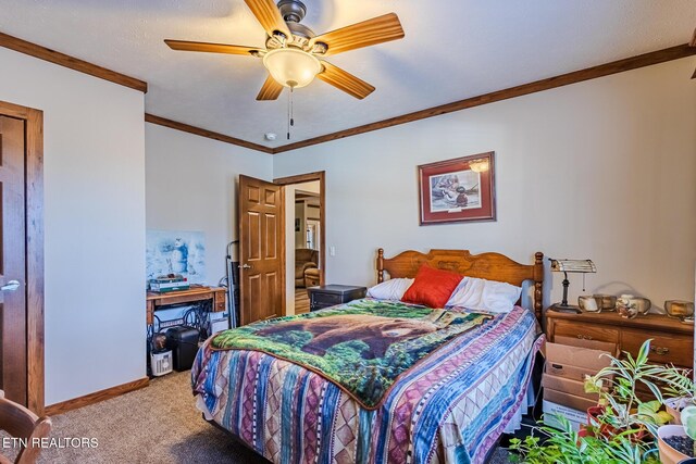 bedroom featuring ceiling fan, crown molding, and light carpet