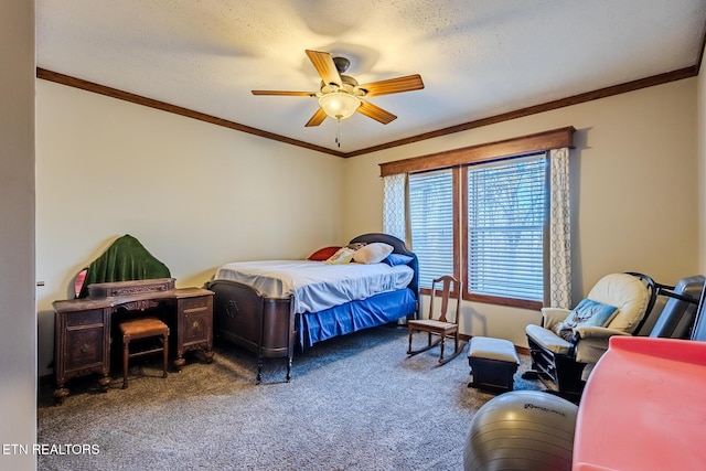 bedroom with carpet, ceiling fan, crown molding, and a textured ceiling