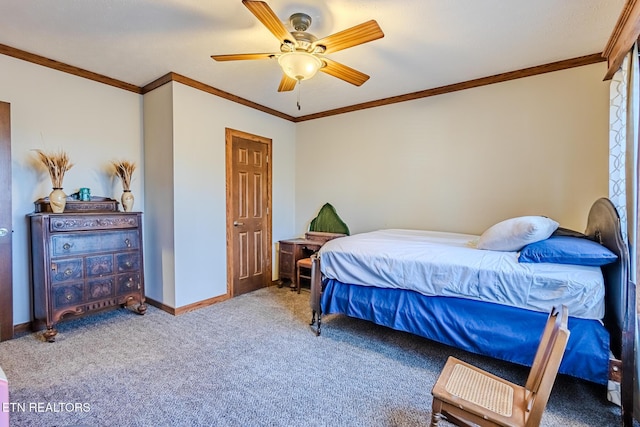 carpeted bedroom featuring ceiling fan and ornamental molding