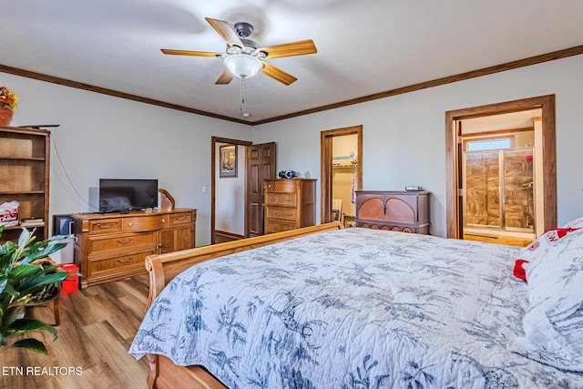 bedroom featuring connected bathroom, ceiling fan, ornamental molding, and light wood-type flooring