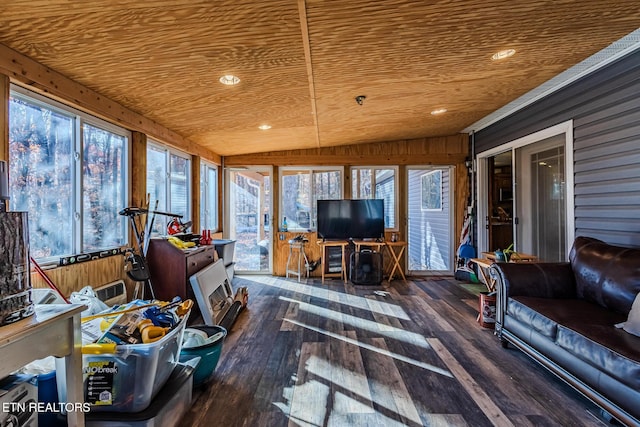 sunroom with wooden ceiling, a wealth of natural light, and lofted ceiling