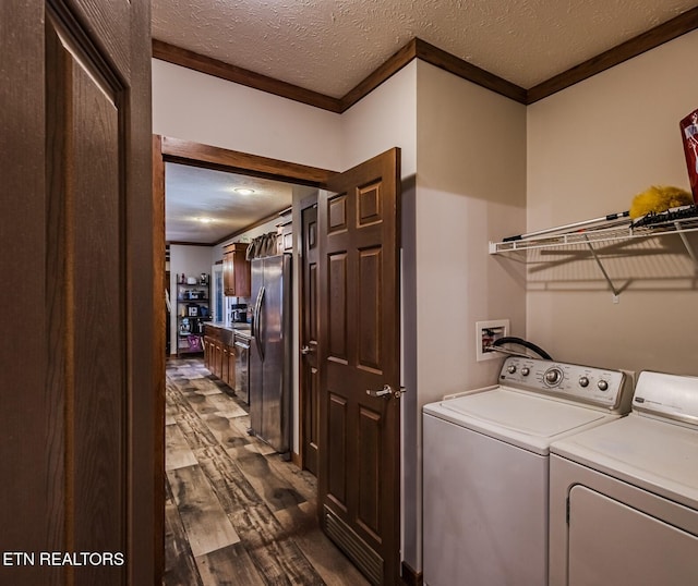 washroom with dark hardwood / wood-style flooring, a textured ceiling, and ornamental molding