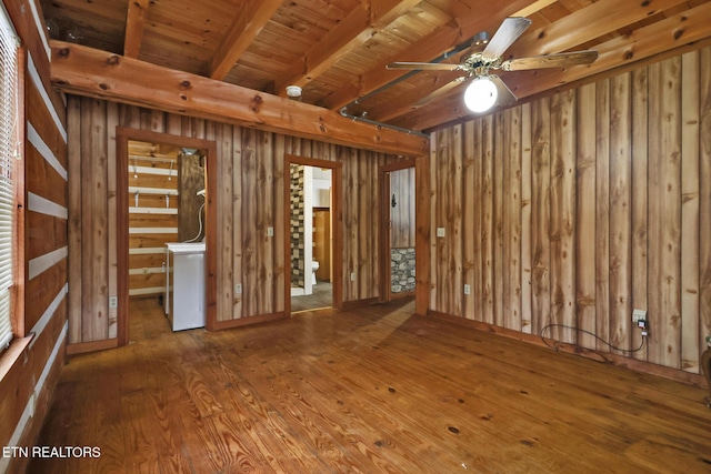 spare room with ceiling fan, hardwood / wood-style floors, beam ceiling, wooden walls, and wooden ceiling