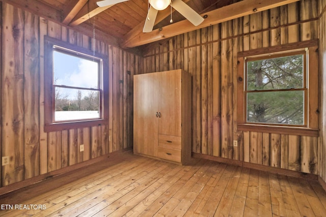 spare room with ceiling fan, wood walls, lofted ceiling with beams, light wood-type flooring, and wood ceiling