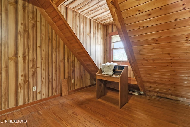 additional living space with wood ceiling, wooden walls, and hardwood / wood-style floors