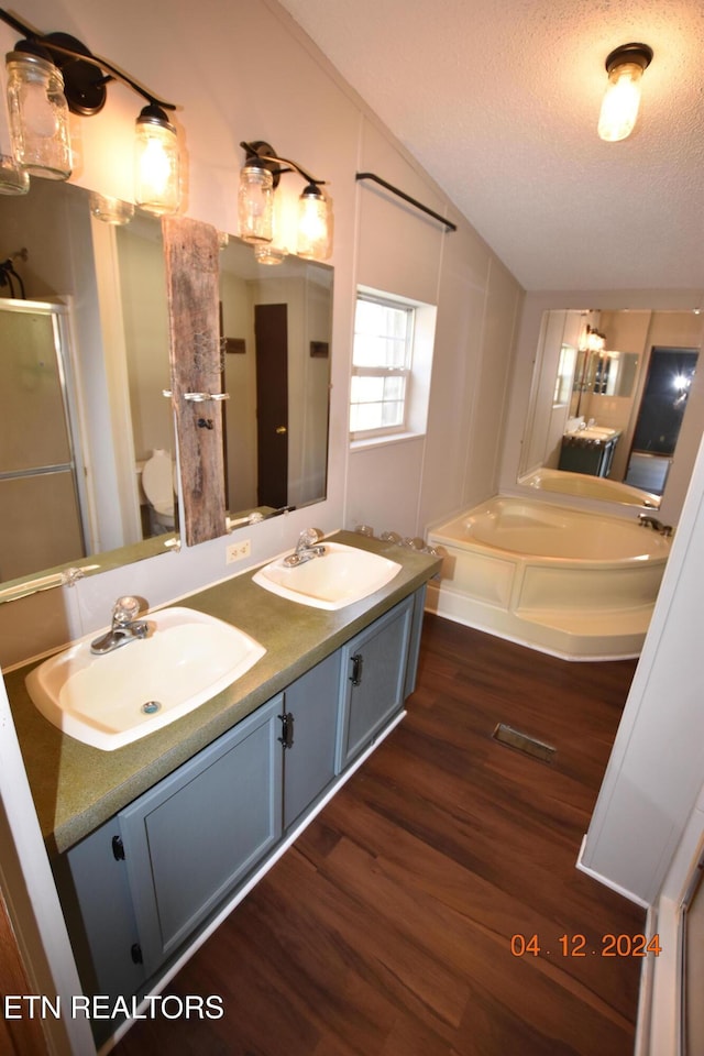 bathroom featuring vanity, vaulted ceiling, toilet, a textured ceiling, and wood-type flooring