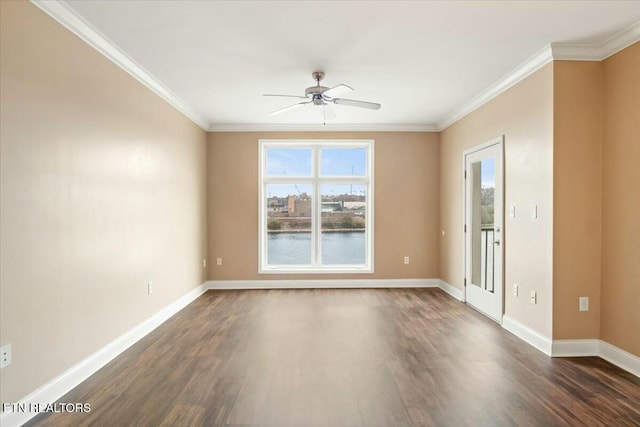 unfurnished room with a water view, crown molding, dark hardwood / wood-style flooring, and ceiling fan