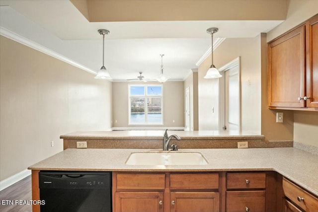 kitchen featuring ceiling fan, sink, dark wood-type flooring, black dishwasher, and crown molding