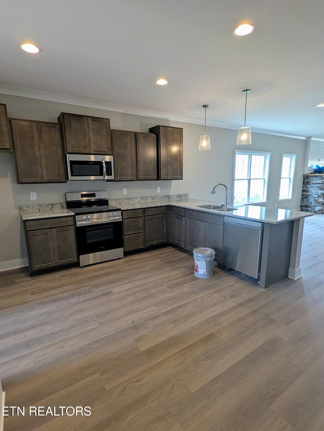 kitchen with ornamental molding, a sink, stainless steel appliances, and light wood-style floors