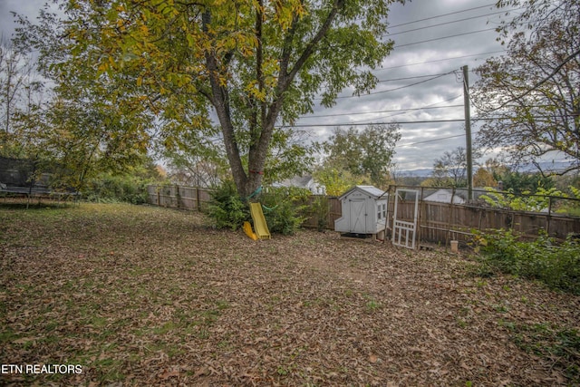 view of yard featuring a storage unit and a trampoline