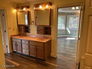 bathroom with vanity and hardwood / wood-style flooring