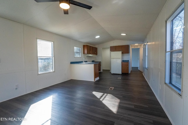 kitchen featuring lofted ceiling, sink, ceiling fan, white fridge, and dark hardwood / wood-style flooring