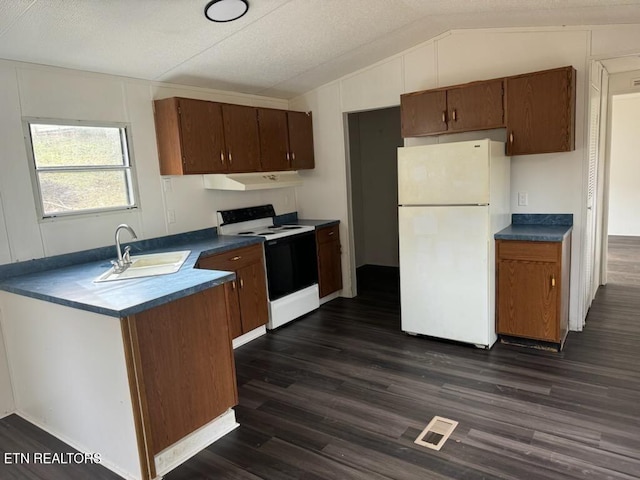 kitchen featuring dark hardwood / wood-style flooring, white appliances, vaulted ceiling, exhaust hood, and sink