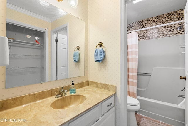 full bathroom with vanity, toilet, shower / bathtub combination with curtain, a textured ceiling, and ornamental molding