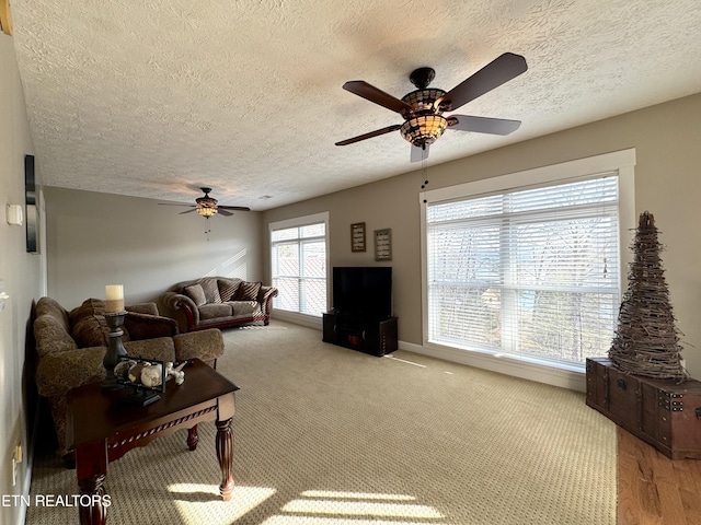 carpeted living room featuring ceiling fan and a textured ceiling