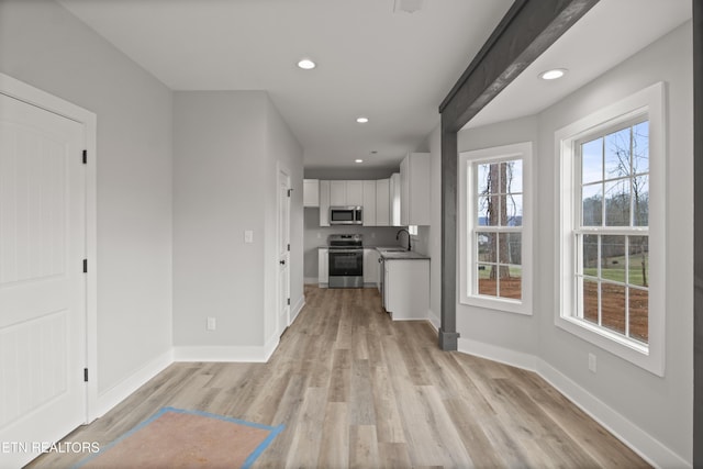 kitchen featuring light wood-style flooring, stainless steel appliances, baseboards, and a sink