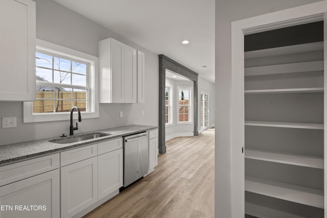 kitchen featuring light stone countertops, plenty of natural light, a sink, white cabinets, and dishwasher