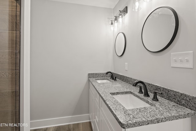 bathroom with double vanity, wood finished floors, baseboards, and a sink