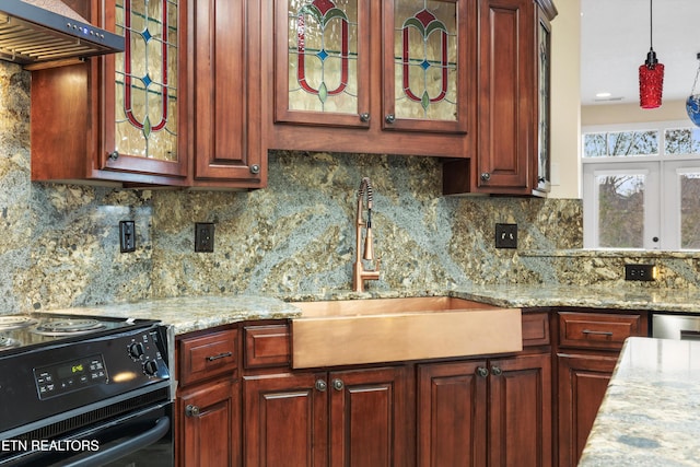 kitchen featuring electric range, sink, extractor fan, and tasteful backsplash