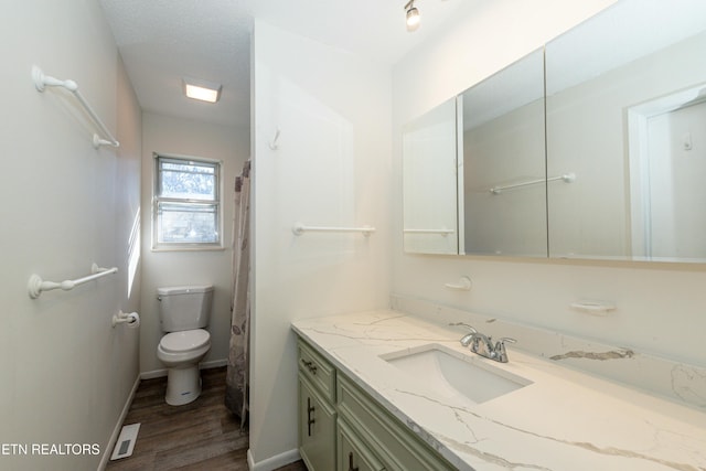 bathroom featuring vanity, toilet, wood-type flooring, and a textured ceiling