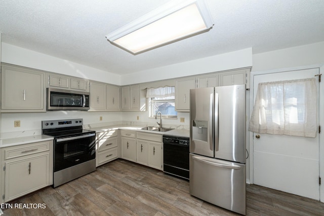 kitchen featuring dark hardwood / wood-style flooring, stainless steel appliances, gray cabinetry, and sink