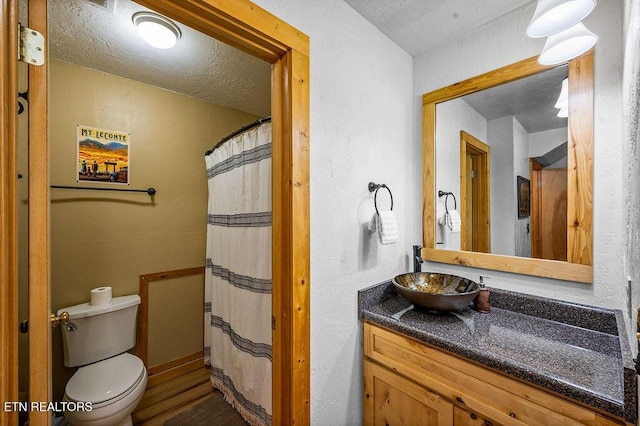 bathroom with vanity, a shower with shower curtain, toilet, a textured ceiling, and wood-type flooring