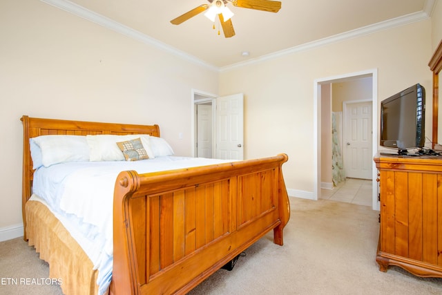 bedroom featuring light carpet, baseboards, a ceiling fan, and crown molding