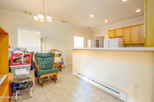 living area with a baseboard heating unit, recessed lighting, visible vents, and crown molding