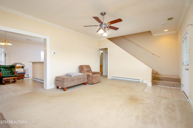 sitting room with stairway, baseboard heating, carpet flooring, and ornamental molding