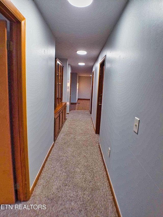 hallway with light colored carpet