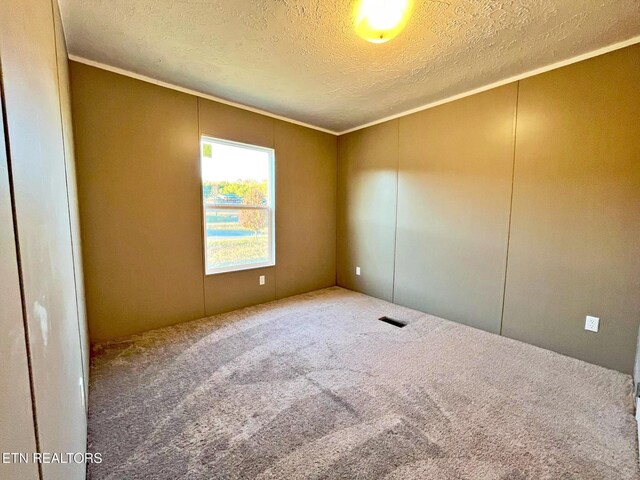 carpeted empty room featuring a textured ceiling and ornamental molding