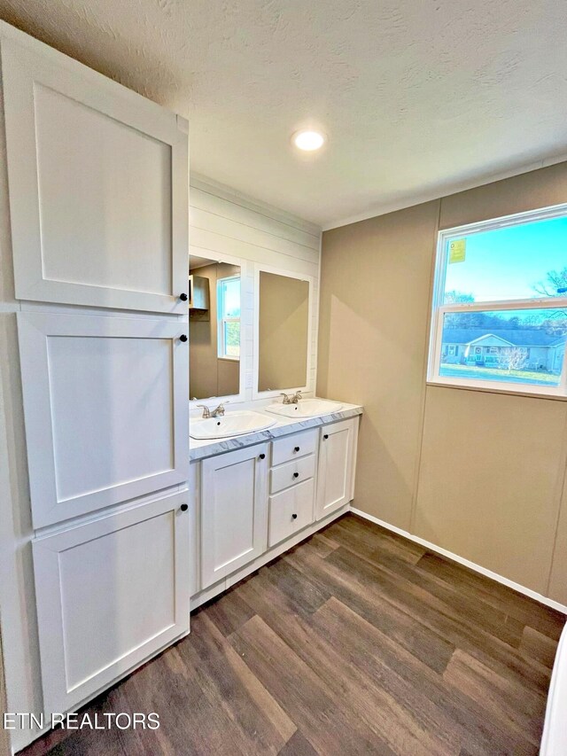 bathroom with a textured ceiling, vanity, hardwood / wood-style flooring, and plenty of natural light