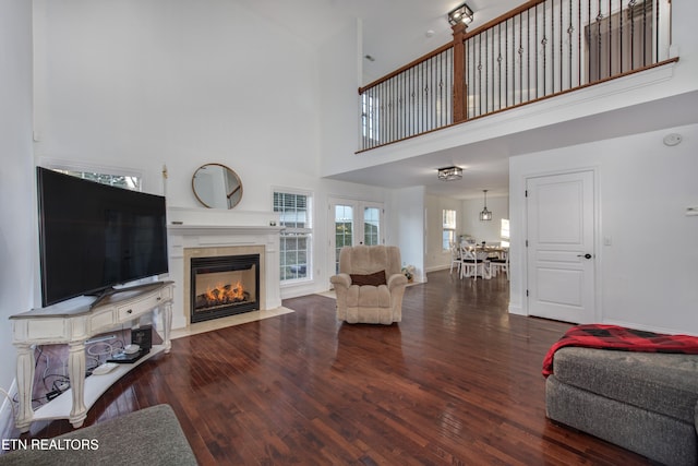 living room with hardwood / wood-style flooring and a high ceiling