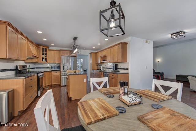 dining space with sink and dark wood-type flooring